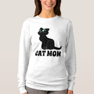 CAMISETAS DE CAMADAS-T DE GATO PRETO COM CHEIAS DE
