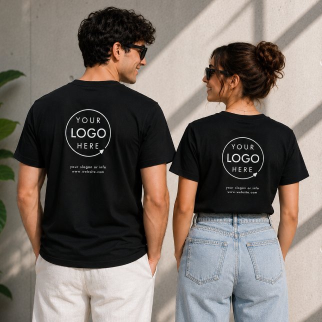 Camisetas de Equipe | Camisa de Trabalho com Logot (Sleek black branded tee design for employee uniforms and company merchandise.)