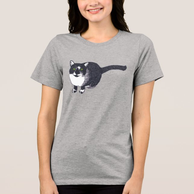 Camisetas de Gato Preto Branco Fofo em Pontilhismo (Frente)