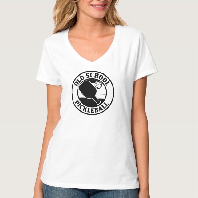 Camisetas de pickleball Old School para senhoras. (Frente)