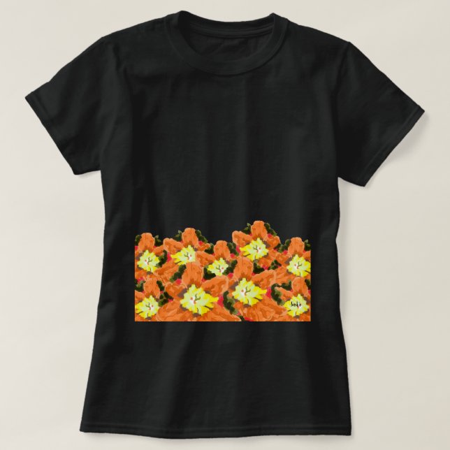 Camisetas femininas: Flores Laranja e Amarelo (Frente do Design)
