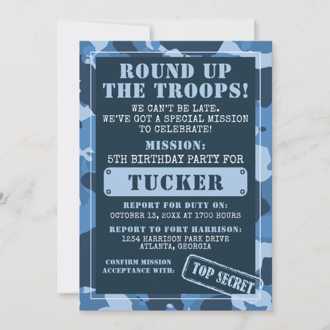 Camo Convite de aniversário, Exército, Missão (Frente)