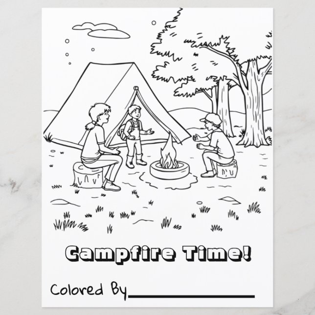 Campfire e Tent | Página de Coloração (Frente)