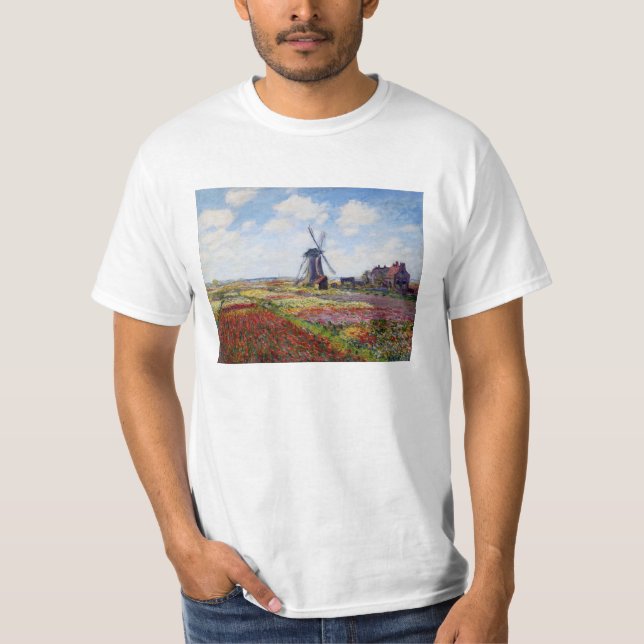 Campo de Monet das tulipas com t-shirt do moinho (Frente)