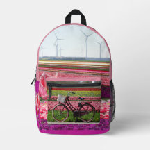 Campo de Tulipas e Bicicleta por toda a mochila im