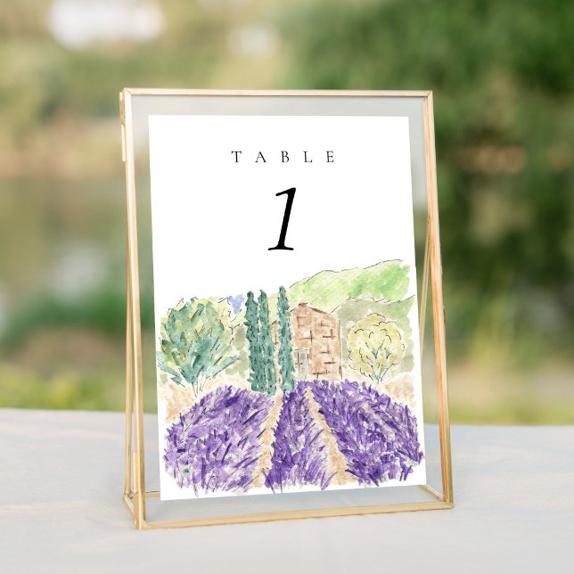 Campos de Lavanda de Aquarela 5x7" Mesa de Casamen (Watercolor lavender fields wedding table number sign.)