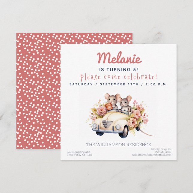 Camundongos bonitos em um Convite de festas de Ani (Frente/Verso)