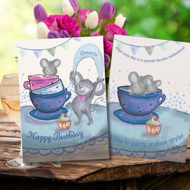 Camundongos engraçados em Teacup - Cartão de Cupca (Funny Mice in Teacup - Birthday Mice Cupcake Card)