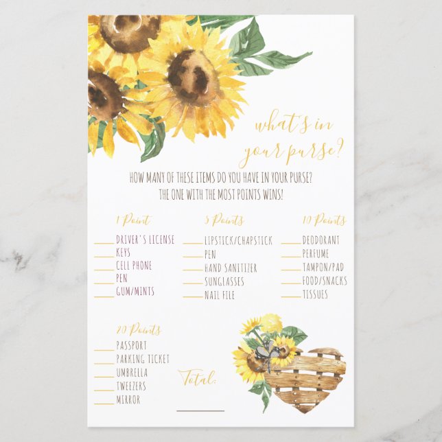 Cana-de-água Girassol O que há na sua bolsa? Jogo (Frente)