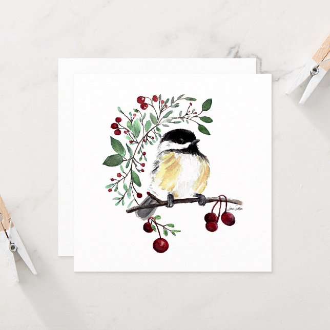 Cana-de-pássaro-de-caia (Cute Chickadee Watercolor With Greenery by Jenn Steffen Art)