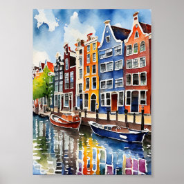 Canal de Amsterdã Casas Watercolor Art Impressão