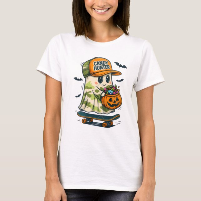 Candy Hunter Skateboard Ghost Halloween T-Shirt (Frente)