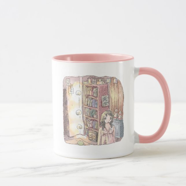 CANECA さなくむじ  薄暗いお部屋で本棚のそばに浮いているぼんやり光る物体と女性のイラスト (Direita)