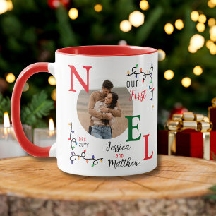 Caneca 1º Presente de Foto de Natal Festivo Primeiro Noel