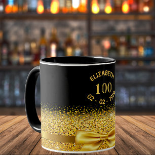 Caneca 100º aniversário nome de ouro negro arco elegante