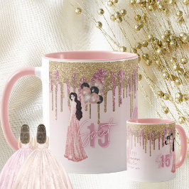Caneca 15 de Cabelo Preto com Presente rosa Dourado Quinc
