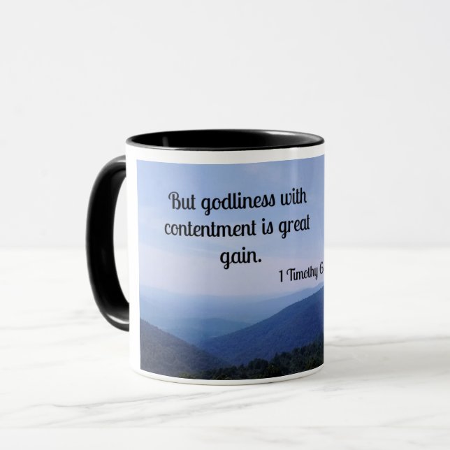 Caneca 1 Timothy 6:6 Mas divindade com contentamento é (Frente Esquerda)