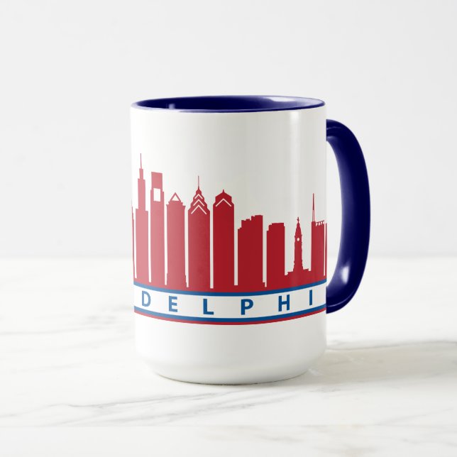 Caneca 2019 da skyline de Philly em branco & azul (Frente Esquerda)