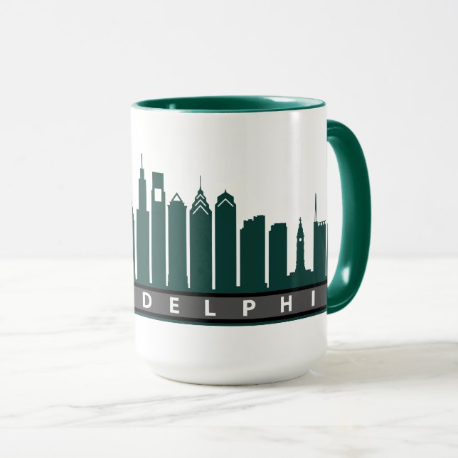 Caneca 2019 da skyline de Philly no verde (Frente Esquerda)