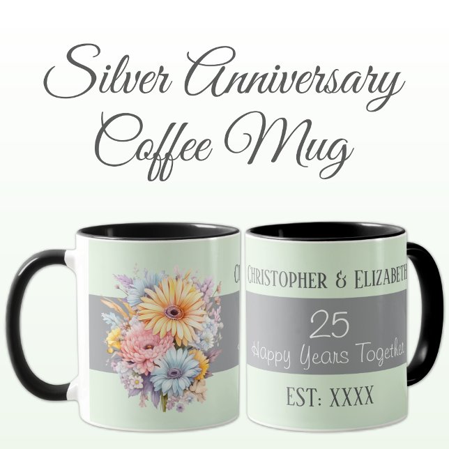 Caneca 25 aniversário de prata flores verdes (Criador carregado)