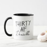 Caneca 30 AF aniversário de 30 anos Funny Personalizado<br><div class="desc">Comemore a fazer 30 em negrito, estilo cafeinado com esta moça personalizada "TRINTA AF" indecente! Apresentando a frase icônica acima de um nome personalizado em um script chic, esta caneca faz o presente perfeito de aniversário de 30 anos para seu melhor amigo, irmã, colega de trabalho ou você mesmo. Seja...</div>