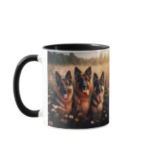 3 German shepherd num campo de flores silvestres
