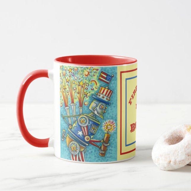 CANECA 4 DE JULHO, ROBÔ DE FOGOS DE FOGO, VESTIDO DE FOGO (Com Donut)
