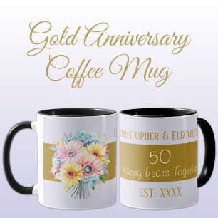 Caneca 50º aniversário do ouro flores nomes roxos