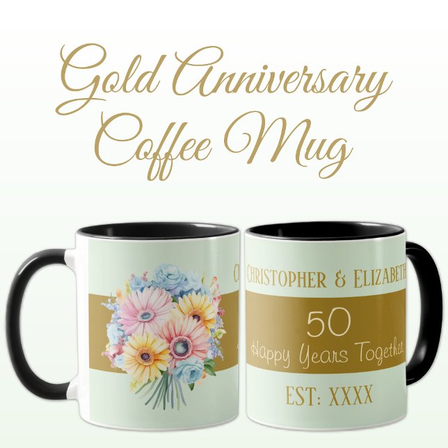 Caneca 50º aniversário do ouro flores verdes (Criador carregado)