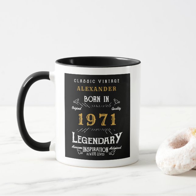 Caneca 50º aniversário Nascer 1971 Retro Black Personaliz (Com Donut)