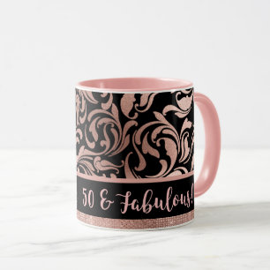 Caneca 50 e Fabuloso rosa dourado damask 50º aniversário