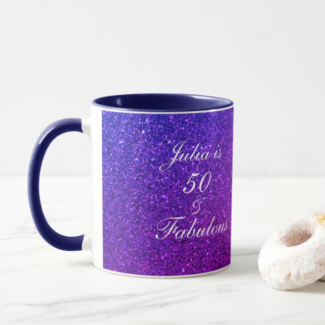 Caneca 50 Fabuloso Aniversário, Rosa Púrpura Glitter Gift (Com Donut)