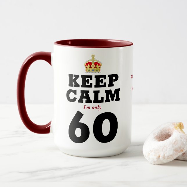 Caneca 60.º aniversário Mantenha a calma Adicionar mensag (Com Donut)