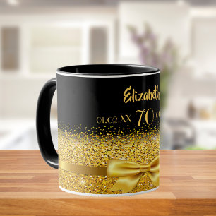 Caneca 70 aniversário dourado preto nome elegante clássic
