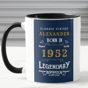 Caneca 70 Birthday 1952 Add Name Vintage Blue Dourado