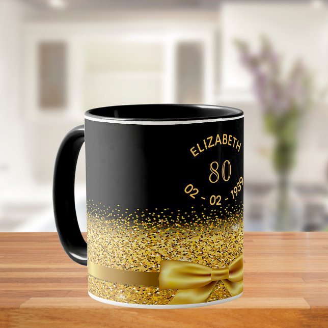 Caneca 80 de aniversário, arco clássico de ouro negro e e (Criador carregado)