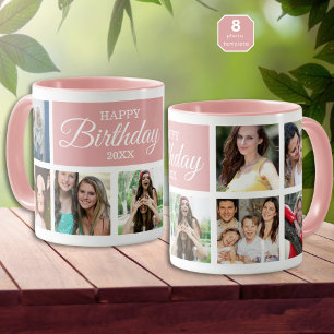 Caneca 8 Colagem de Fotos Feliz Aniversário Rosa