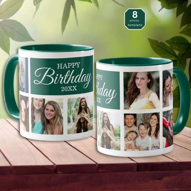 Caneca 8 Colagem de Fotos Verde Feliz Aniversário     (Criador carregado)