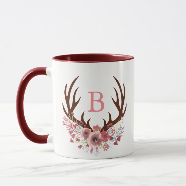 Caneca A aguarela floresce a letra inicial dos Antlers (Esquerda)