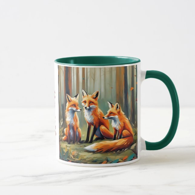 Caneca A família da raposa na floresta. Nome editável (Direita)