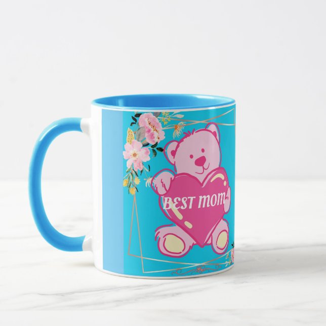 Caneca A Melhor Mãe De Um Urso De Teddy Rosa, Floral Azul (Esquerda)
