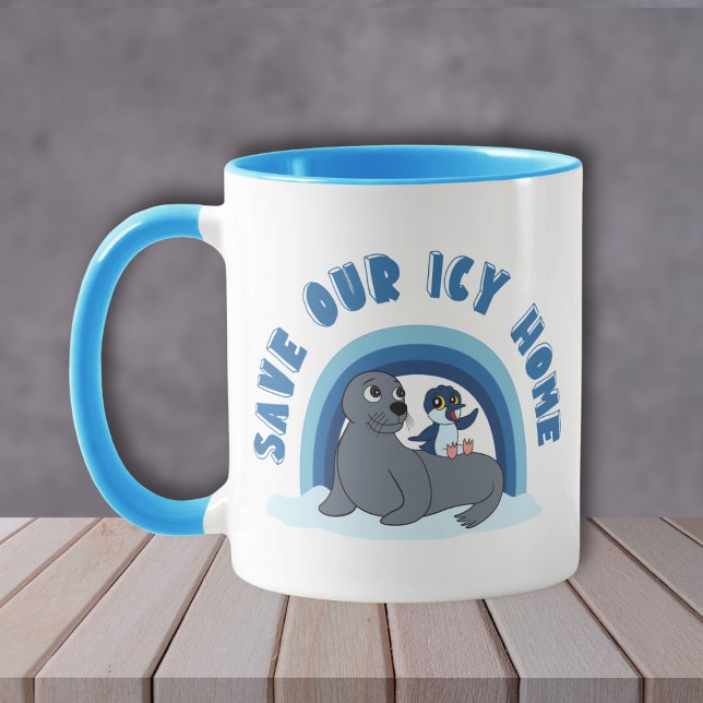 Caneca A seal and a penguin "Save Our Icy World" cartoon (Criador carregado)