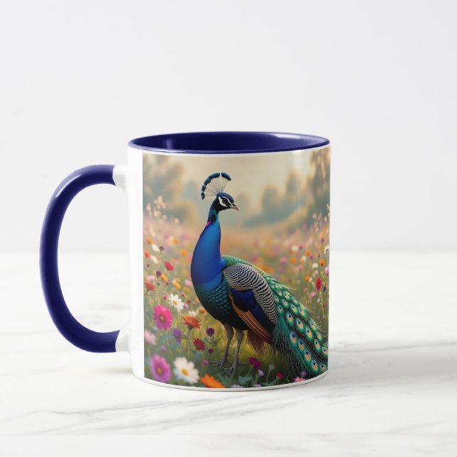 Caneca A Turquoise and Blue Peacock in Flowers  (Esquerda)
