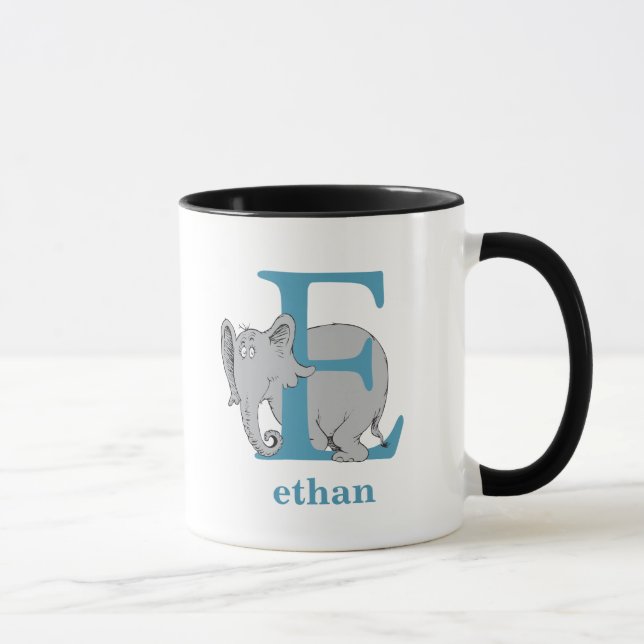 Caneca ABC do Dr. Seuss: Letra E - Azul | Adicione seu no (Direita)