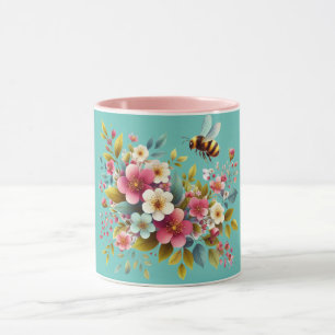 Caneca Abelha Primavera/Floral colorida