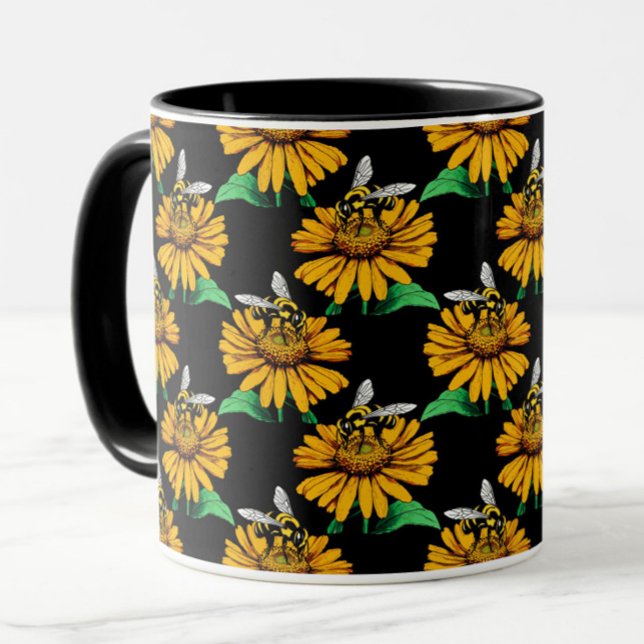 Caneca Abelha sobre Flor de Girassol Design Preto (Criador carregado)