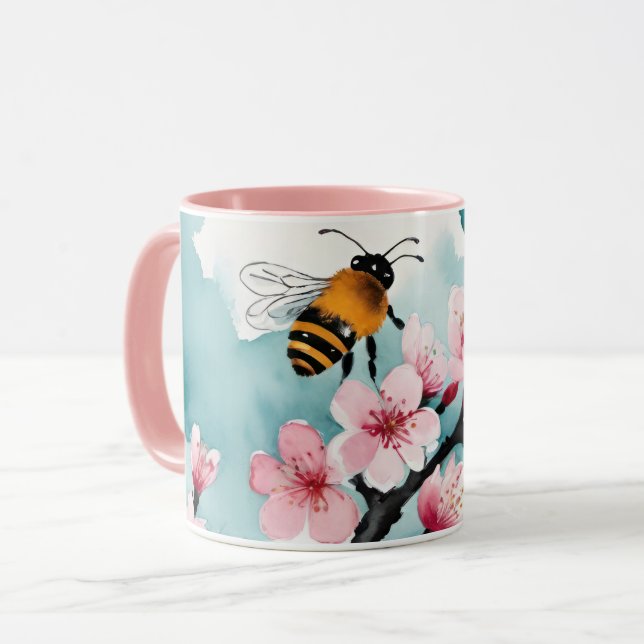 Caneca Abelhas e Foguetes Rosa com Céu Azul (Frente Esquerda)