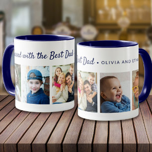 Caneca Abençoado Com O Melhor Pai 5 Colagem de Fotos Azul