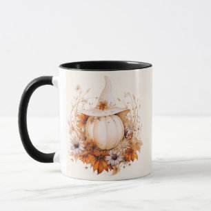Caneca Abóbora Branca Boho e Flores Creme Halloween