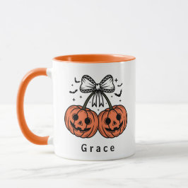 Caneca Abóbora Cerejas Coquette Halloween Personalizado